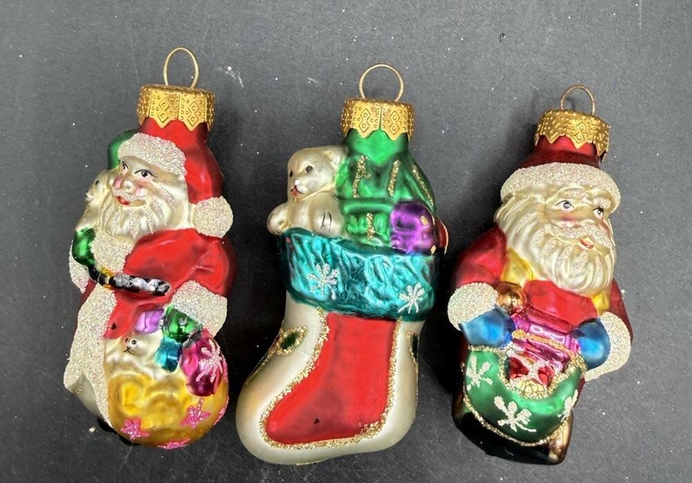 3 Unique Treasures Santa Hand Blown and Painted Crafted Glass Ornaments -BG1